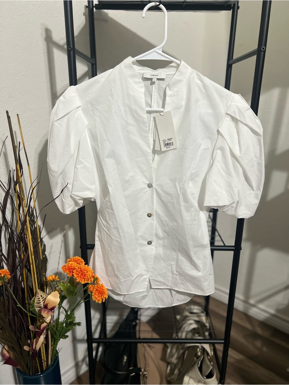 NWT Vince White Puff-Sleeve Button-Front Blouse Size 2